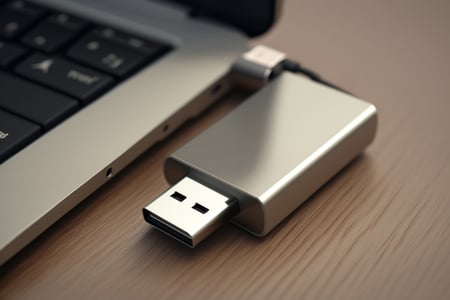 closeup-aluminum-computer-flash-drive-wooden-table-laptop-beside-gray